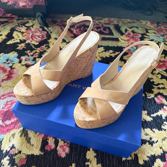 Stuart Weitzman Tan Wedge Sandals with Crisscross Straps - Picture 1 of 4